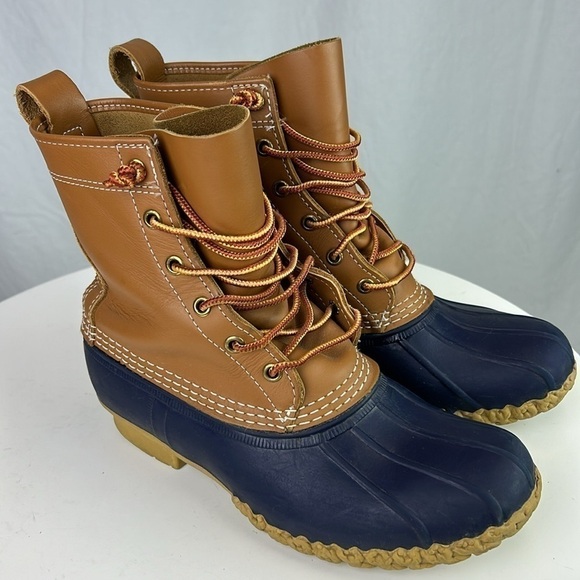 L.L. Bean Women’s Bean Boots 8” Made in Maine Tan Blue Waterproof Duck B… - Picture 2 of 12